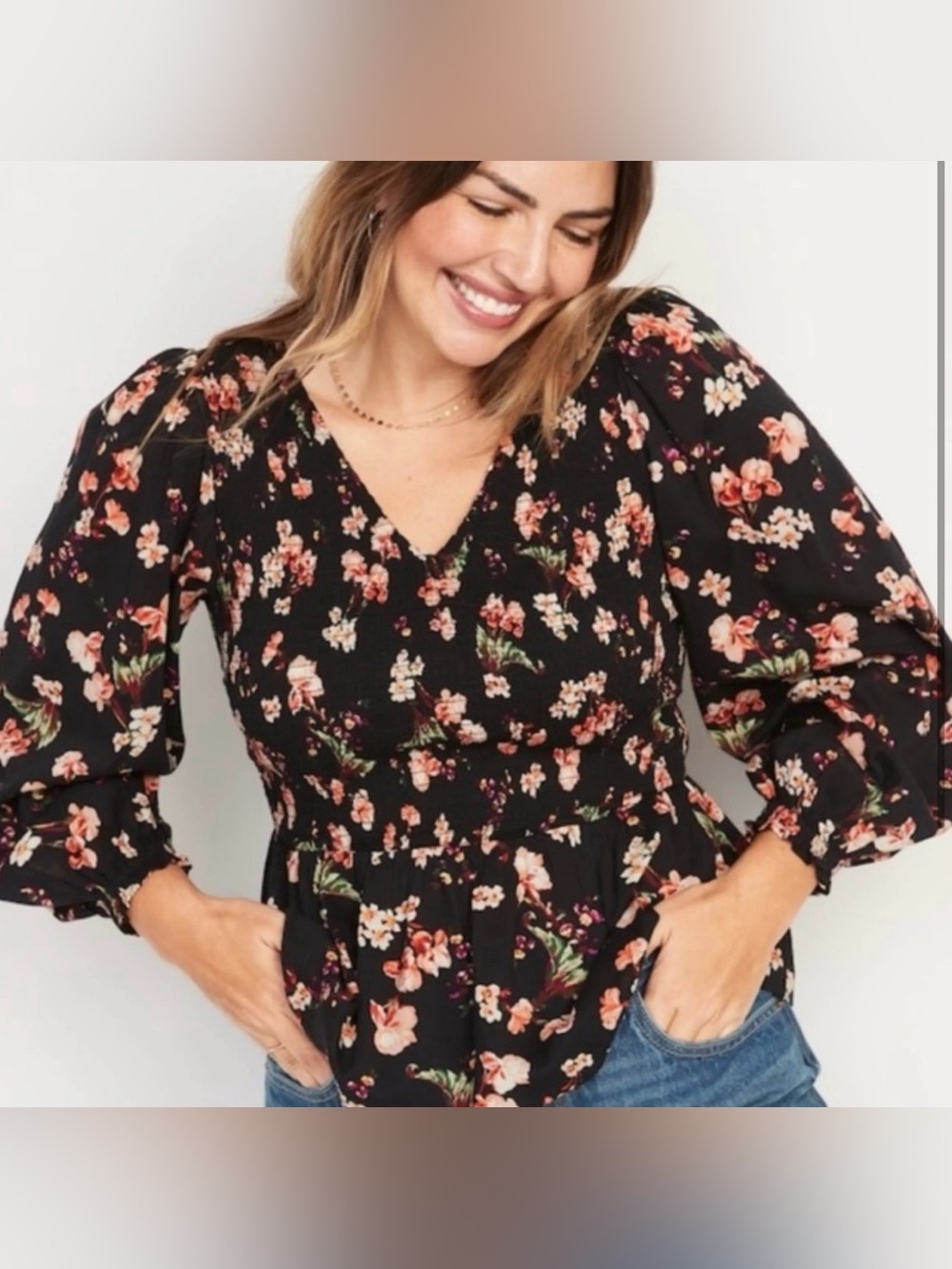Old Navy Black Floral Smocked Peplum Blouse XL festival peasant black summer